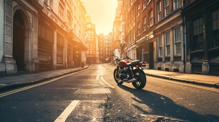 A motorcycle parked on a narrow street in a city. The sun is shining down the street and there are buildings on either side of the street. - Powered by Adobe