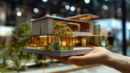 Hand displaying small-scale house model, depicting housing market trends.