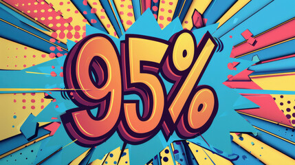 A vibrant 3D graphic showcasing a 95% discount, styled in a pop art explosion format with a colorful backdrop.