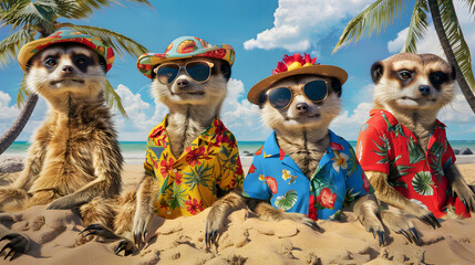 whimsical image of a group of meerkats dressed in colorful Hawaiian shirts and sun hats, lounging on a sandy beach against a backdrop of palm trees and blue skies - obrazy, fototapety, plakaty