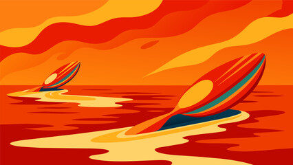 Fiery orange and red boards flying across the lake leaving a trail of ripples in their wake.. Vector illustration