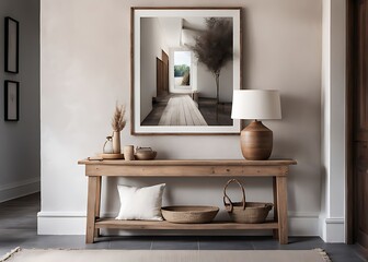  Wooden rustic bench near white wall with frames. Farmhouse, country, boho interior design of modern home entryway, hall. 