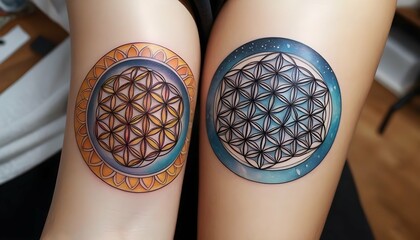 Craft a tattoo of a sacred geometric pattern such upscaled 9