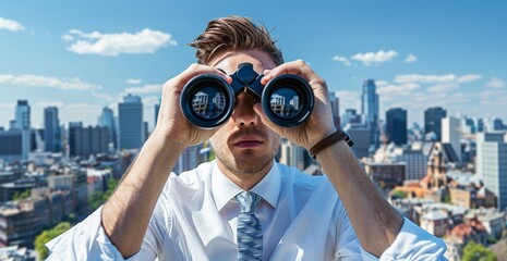 A businessman uses binoculars for a panoramic search over the city skyline, embodying concepts of exploration, opportunity, and urban vision