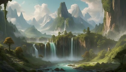 A fantasy landscape with towering mountains and ca upscaled 6 - Powered by Adobe