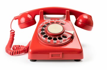 Classic red rotary phone with handset off the hook on a white background, symbolizing communication