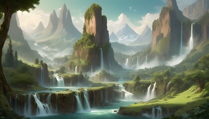A fantasy landscape with towering mountains and ca upscaled 13