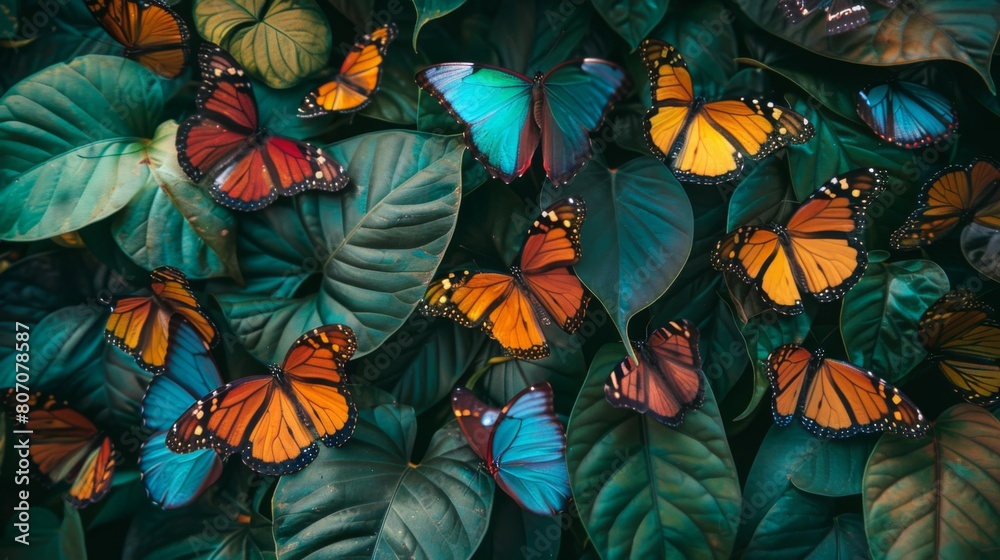 Poster a group of colorful butterflies fluttering around a cluster of leaves, adding a touch of beauty and 