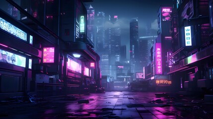 3D illustration. Futuristic city at night with neon lights.