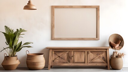  Wooden rustic bench near white wall with frames. Farmhouse, country, boho interior design of modern home entryway, hall. 