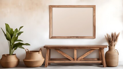  Wooden rustic bench near white wall with frames. Farmhouse, country, boho interior design of modern home entryway, hall. 