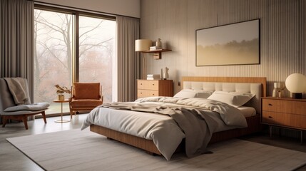 A cozy mid-century modern bedroom with warm lighting 