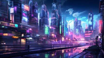 Night city panoramic illustration with skyscrapers and high-rise buildings
