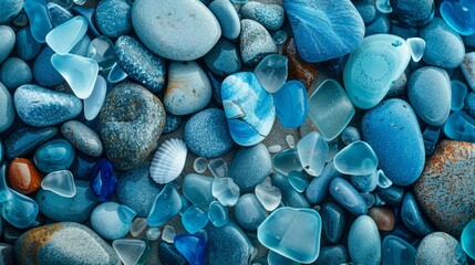 Top view close-up portrait of vibrant blue sea glass and polished stones scattered across a sandy...