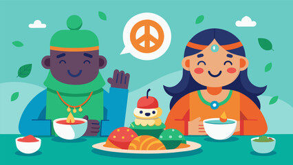Two characters from different cultures smiling and peacefully sharing a meal together surrounded by symbols of peace and harmony..