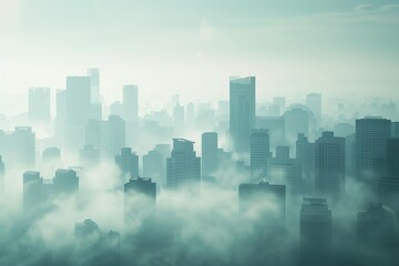 A city is shown in the sky with a foggy atmosphere