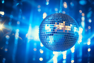 Obraz premium A disco ball is suspended from the ceiling at party, reflecting the lights