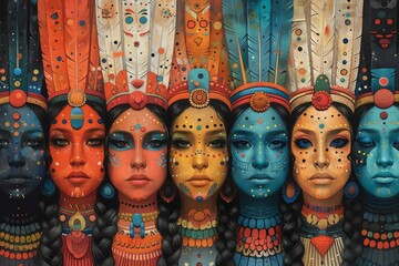 Obraz premium A collective representation of human heads in vintage art style, blending elements of traditional Asian Chinese and Indian Dang aesthetics.