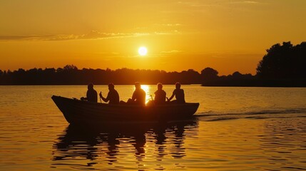 A group of friends enjoying a sunset boat ride, silhouetted against the golden hues of the evening sky, creating memories of serenity and joy.