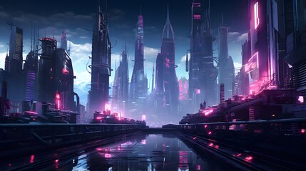 Futuristic city at night with neon lights and high-rise buildings - Powered by Adobe