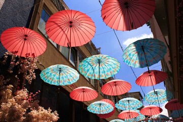 Decorative umbrellas around a fairytale-inspired cafe at Psiri neighbourhood in Athens, Greece, July 27 2020.