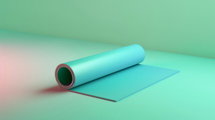 A minimalist scene with a teal yoga mat partially rolled against a soft green gradient backdrop, evoking serenity and balance.