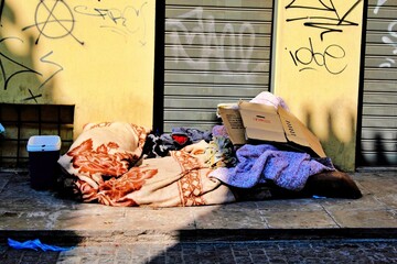 Personal items of homeless person at the entrance of an old building in  Athens, Greece, September 17 2010.