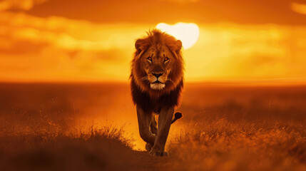 A majestic lion walking towards the camera, with its powerful silhouette illuminated by golden sunlight in an open savannah at sunset