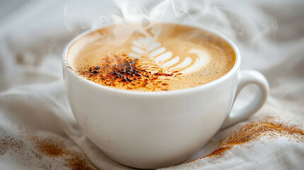 close - up of steaming cup of coffee with latte art on a transparent background, featuring a white handle