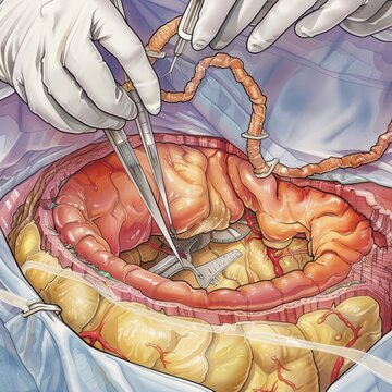 Schematic and colorful illustration of an appendectomy, focusing on the surgical sequence and techniques