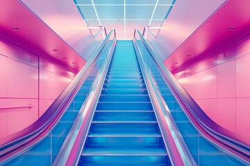A blue escalator in a pink room