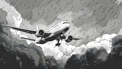 Monochrome sketch of an airplane soaring through turbulent weather. Concept Monochrome Sketch, Airplane, Turbulent Weather, Flight, Dramatic Sky