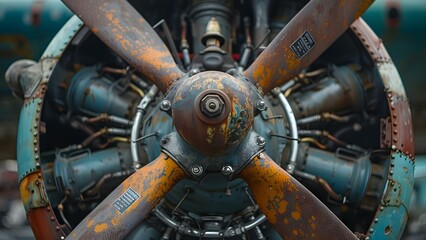 Aged Aviation Gear: Close-Up of Rusty Propeller on Vintage Aircraft Engine. Concept Vintage...