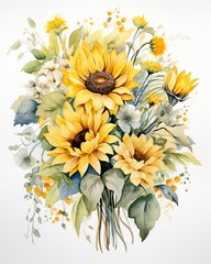 Watercolor sunflowers wedding bouquet, symbolizing faith and love, pastel hues against a white background for a serene effect ,  against pur white background