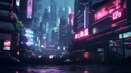 Night cityscape with neon lights in Shanghai, China. Panorama