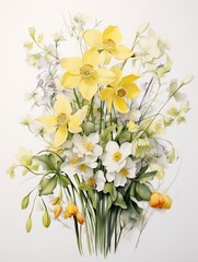 Delicate watercolor depiction of Daffodils and Sweet Peas, graceful petals and green leaves, evoking happiness on a white canvas ,  watercolor painting