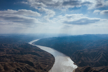 Aerial photography of Taiji Bay on the Yellow River in Yan'an City, Shaanxi Province
