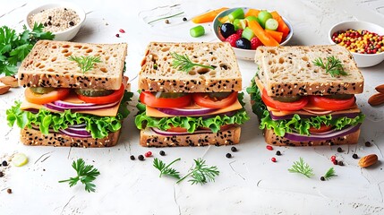 delicious gourmet sandwiches with fresh ingredients, including sliced red tomatoes, purple onions, and green lettuce, are displayed on a transparent background alongside a white bowl - Powered by Adobe
