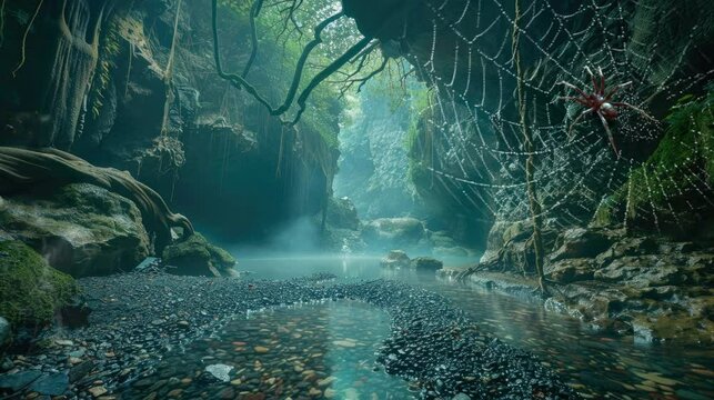 a very beautiful spider's nest located on the lip of a cool and natural caveseamless looping time-lapse virtual 4k video Animation Background.