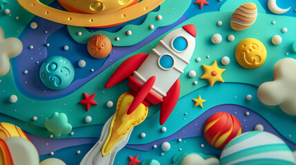 Create a plasticine rocket soaring through a vibrant and whimsical outer space backdrop