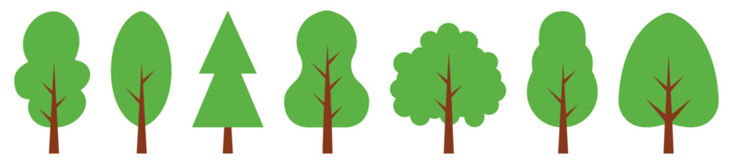 Green tree vector icon set. Flat trees set, pines, spruces, conifers. Tree simple different logo design elements. Vector illustration
