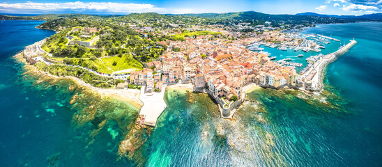 Saint Tropez village fortress and landscape aerial panoramic view, famous tourist destination on...