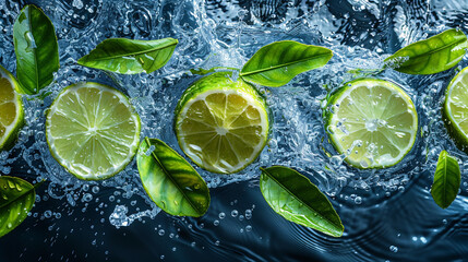 Wide panoramic fruit juice cafe background photo with real set of lime pieces exploding with water splash and floating on water, flowing with clear water splash in blue background