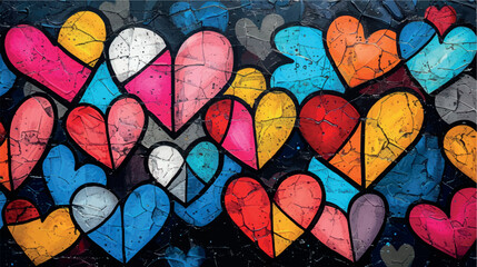 A pattern of bright multi-colored hearts on a black background. Art heart mosaic pattern, texture, wallpaper. Cartoon hearts drawing with colored pencils, paints, crayons. Heart tiles wallpaper.