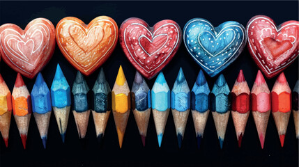 A pattern of bright multi-colored hearts on a black background. Art heart mosaic pattern, texture, wallpaper. Cartoon hearts drawing with colored pencils, paints, crayons. Heart tiles wallpaper.