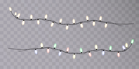 Christmas glowing garlands. Christmas lights isolated on transparent background. For congratulations, invitations and holiday design.