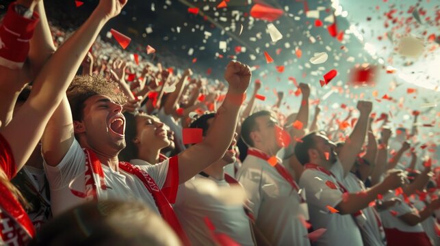 Fans celebrating the success of their favorite sports team on the stands of the professional stadium