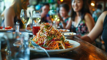 A group of tourists enjoying som tam salad at a Thai restaurant, experiencing the bold and exotic flavors of authentic Thai cuisine.