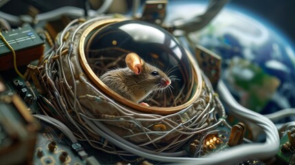 A comforting scene of a mouse in a tiny space module, curled up in a nest made of soft circuit wires and viewing the Earth from afar