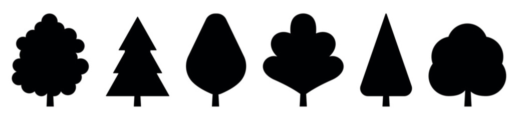 Black tree vector icon set. Flat trees set, pines, spruces, conifers. Tree simple different logo design elements. Vector illustration
